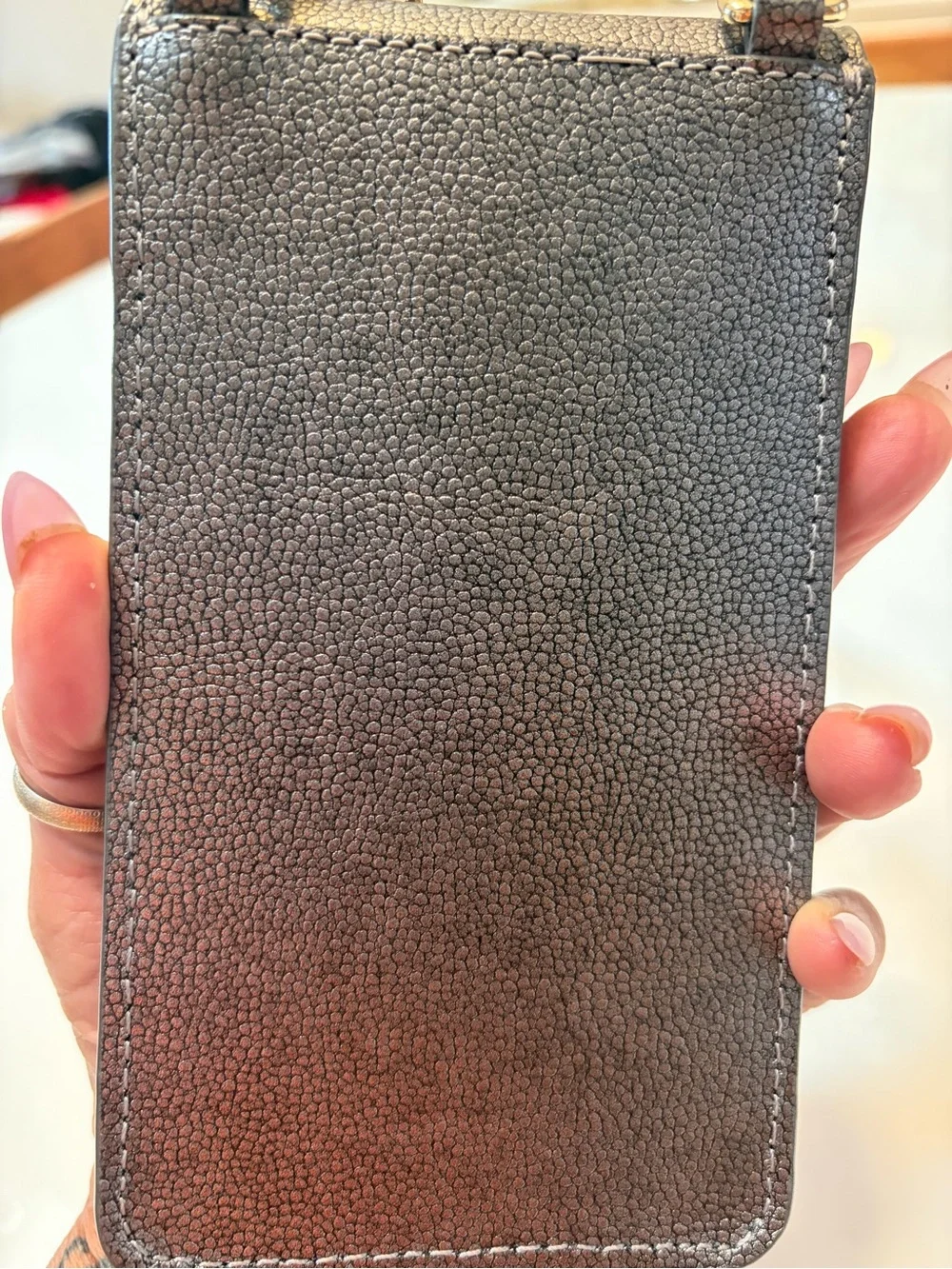 #792 kate spade Metallic Charcoal Pebbled Leather Phone Pouch with Glitter Trim